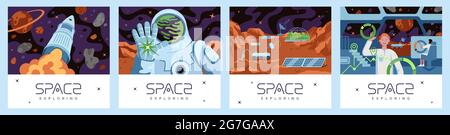 Space exploring posters set. Rocket explorer flies in galaxy banner. Cosmonaut landed on planet and greeting. Exoplanet colonization human base. Science fiction people in station. Universe exploration Stock Vector