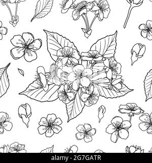 Black and white cherry flowers seamless pattern background. Vector illustration Stock Vector