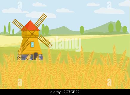 Wheat field. Rural landscape with a windmill. Vector illustration Stock Vector