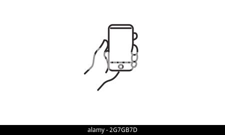Smartphone icon. Vector editable black and white linear illustration of a smartphone in a hand Stock Vector