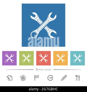 Two wrenches crossed flat white icons in square backgrounds. 6 bonus icons included. Stock Vector
