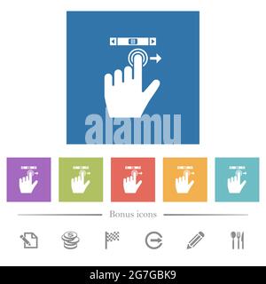 left handed scroll right gesture flat white icons in square backgrounds. 6 bonus icons included. Stock Vector