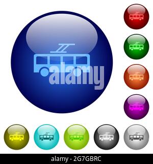 Trolley bus icons on round glass buttons in multiple colors. Arranged layer structure Stock Vector