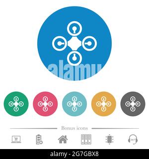 Drone top view solid flat white icons on round color backgrounds. 6 bonus icons included. Stock Vector