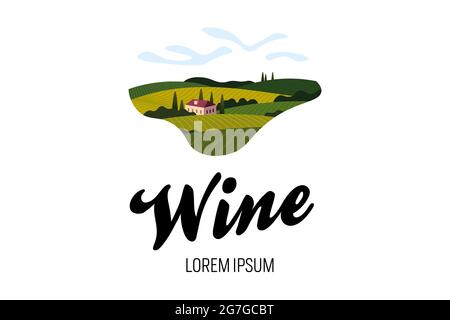Vineyard wine grape hill farm logo concept. Romantic rural landscape in sunny day with villa, vineyard fields, plantation hills, farms, meadows and trees. Vector eps color creative sign illustration Stock Vector