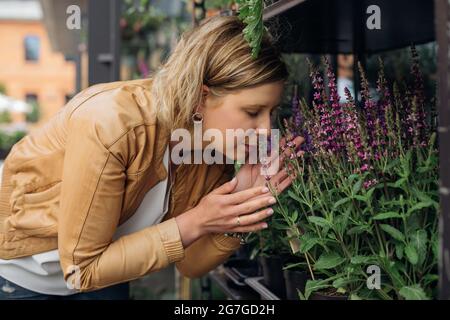 Young blonde gets great pleasure from aroma of flowering herbs in flower shop . Work of florist. Aromatherapy. Medicinal herbs and plants. Piece of na Stock Photo