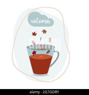 Autumn postcard sad wet weather tea mug orange leaves rain drops cloud crying. Postcard template banner poster. Vector illustration Stock Vector