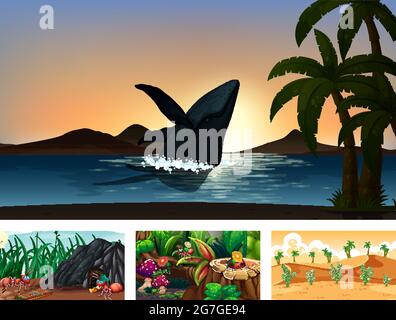 Four different nature horizontal scene  illustration Stock Vector