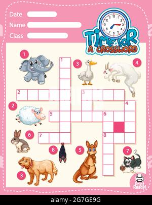 Crossword puzzle game template about animals illustration Stock Vector