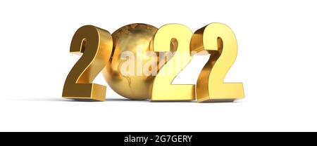 Golden 2022 with Earth on white background - 3D rendering