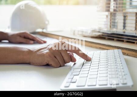 Architecture Engineer Drawing and working for architectural project and engineering tools on workplace, concept of work on technical drawings and cons Stock Photo