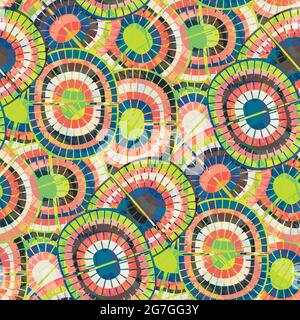 1970s style rainbow seamless vector pattern background. Backdrop with mosaic style oval pairs of rainbows blue, green red colors. Funky overlapping Stock Vector