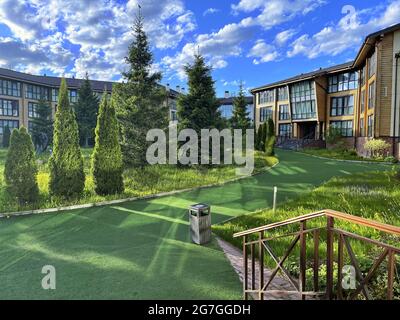 DOROKHOVO MOSCOW REGION 143160, RUSSIA - May 23, 2021: The hotel is located in a mixed forest area. A hotel in the Moscow region. A holiday home. The Stock Photo