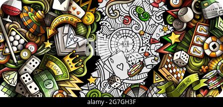 Casino hand drawn doodle banner. Cartoon vector detailed flyer. Illustration with gambling objects and symbols. Colorful horizontal background Stock Vector