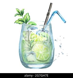 Glass of Mojito. Watercolor hand drawn illustration Stock Photo