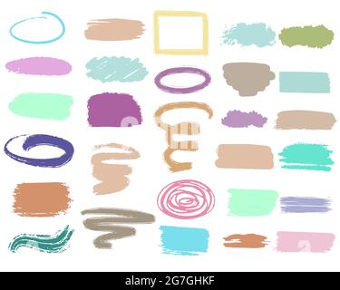 A set of strokes and spots of paint of different colors and shapes, vector illustration. Collection of backgrounds in the form of blots, stripes and s Stock Vector