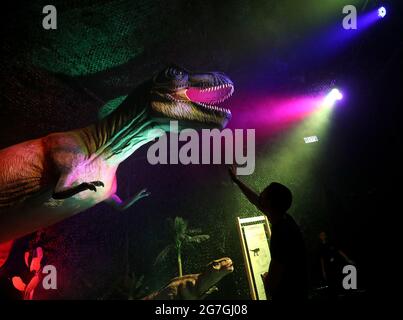 Haifa, Israeli city of Haifa. 13th July, 2021. People visit an exhibition of dinosaurs at Madatech, Israel's National Museum of Science, Technology and Space, in the northern Israeli city of Haifa, July 13, 2021. Credit: Gil Cohen Magen/Xinhua/Alamy Live News Stock Photo