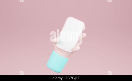 3D hand holding smartphone   Minimal background, Hand using mobile phone mockup. 3d rendering Stock Photo