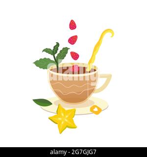 Cup of herbal fruit tea with peppermint, wild strawberries and starfruit. Vector cup of tea in a cartoon style isolated on white background Stock Vector