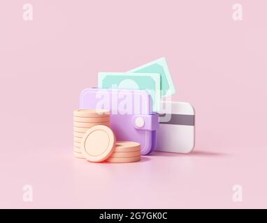 3D Money Saving icon concept. Wallet, bill, coins stack, and credit card on pink background, 3d rendering illustration Stock Photo