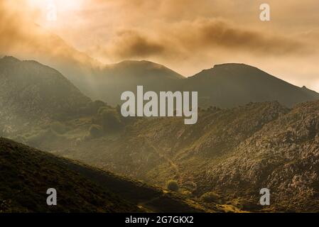 Thick clouds floating on sky over green hills on sunny sunset in countryside Stock Photo