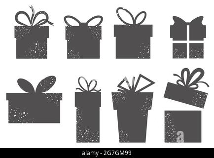A set of simple gift boxes. Textured icons. Silhouettes of the boxes. Vector illustration. Stock Vector