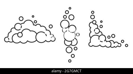 Soap foam cloud with bubbles. Illustration of suds, foam, smoke, shampoo, gel and cleanser. Flat vector set of line icons. Stock Vector