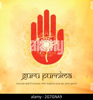 Illustration of Guru Purnima with blessing hand which is decorated with mandala. Background of poster is also decorated with mandala in orange color. Stock Vector