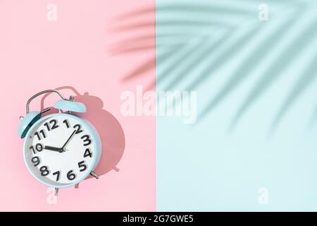 Old fashion blue alarm clock on pink and blue background with palm leaf shadiw, flat lay with copy space Stock Photo