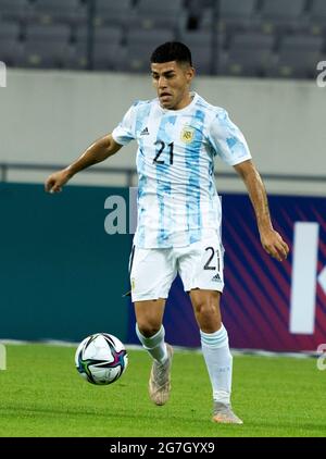 July 13, 2021 - Yongin, South Korea : Argentina player Valenzuela Carlos (21), Dribble for the ball during the 2020 Tokyo Olympic men's soccer team friendly match between South Korea and Argentina at Yongin Mireu Stadium in Yongin, Gyeonggi Province, South Korea on July 13, 2021. South Korea-Argentina score 2-2. (Photo by Lee Young-ho/Sipa USA) Stock Photo