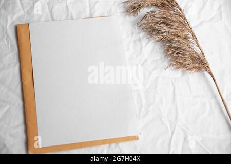 Empty white card with envelope, pampas grass. Simple minimal flat lay on white textile with white blank and letter yellow color Stock Photo