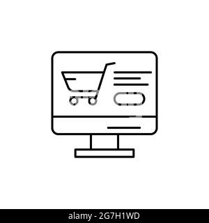 E-commerce monitor, grocery cart, button outline vector icon. Stock Vector