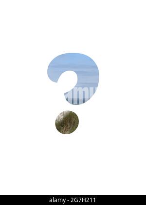 Question mark of the alphabet made with a landscape with beach, sea, blue sky and dunes, isolated on a white background Stock Photo