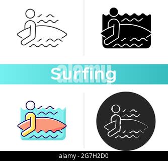 Surfer entering water icon Stock Vector