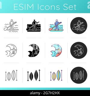 Riding wave using board icons set Stock Vector