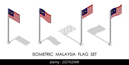 isometric flag of malaysia in static position and in motion on flagpole. 3d vector Stock Vector