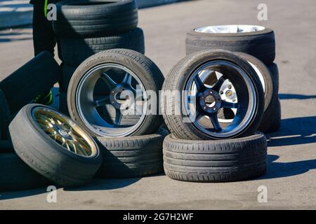 Car tires placed on asphalt Stock Photo
