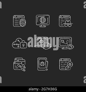Online behavior monitoring chalk white icons set on dark background Stock Vector