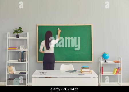 Back view of a young school teacher writing on the green chalkboard in the classroom Stock Photo
