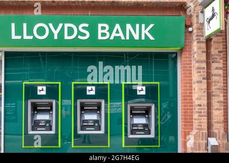 HIgh Wycombe, England - July 9th 2021: Lloyds Bank ATM machines. Most people withdraw cash from ATM machines. Stock Photo