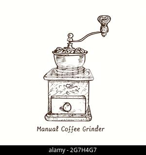 Manual coffee grinder. Ink black and white drawing outline illustration Stock Photo