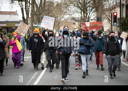 Bristol, UK. 7th April 2021. Protesters shut down a main Bristol road during rush hour as they stage a sit-down demonstration outside BBC Bristol . Stock Photo