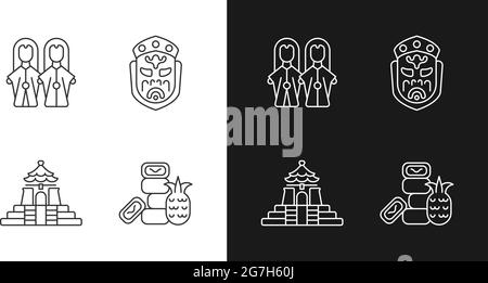 Asian ceremonial white linear icons set for dark theme. Stock Vector