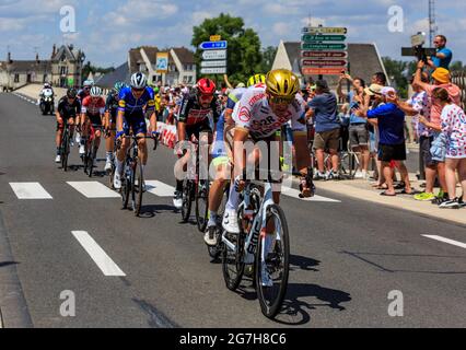 Amboise, France - July 1,2021: Greg Van Avermaet of AG2R Citroen Team in front of the breakaway riding on a road in Amboise during the Tour de France Stock Photo