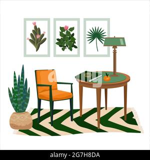 Interior of work cabinet in botanical green style. Vector vintage cozy room with furniture, chair, table, houseplant, carpet, posters, desk. Interior, Stock Vector