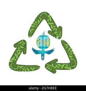 Cute happy smiling Earth planet. Vector cartoon character illustration with the recycling symbol. Stock Vector