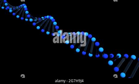 3d illustration dna molecular chain, gene molecular structure. Molecules under the microscope, elements isolated on black background. Stock Photo