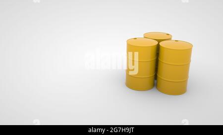 Industrial metal round barrels of yellow color, 3d illustration. Isolated design elements on white background, industrial production objects. Stock Photo