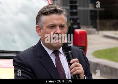 London, UK. 14th July 2021  Labour Shadow Health Secretary Jonathan Ashworth speaks at NHS protest in Westminster. Stock Photo
