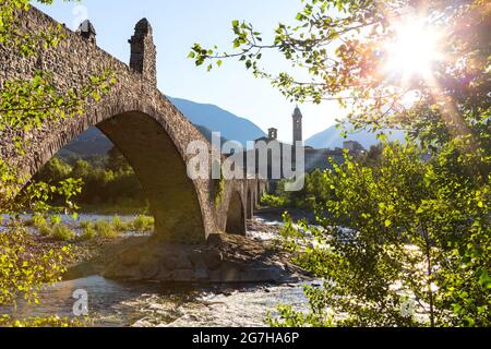 landmarks of Italy . Bobbio - beautiful ancient town with impressive old bridge. Emiglia Romagna region Piacenza province Stock Photo